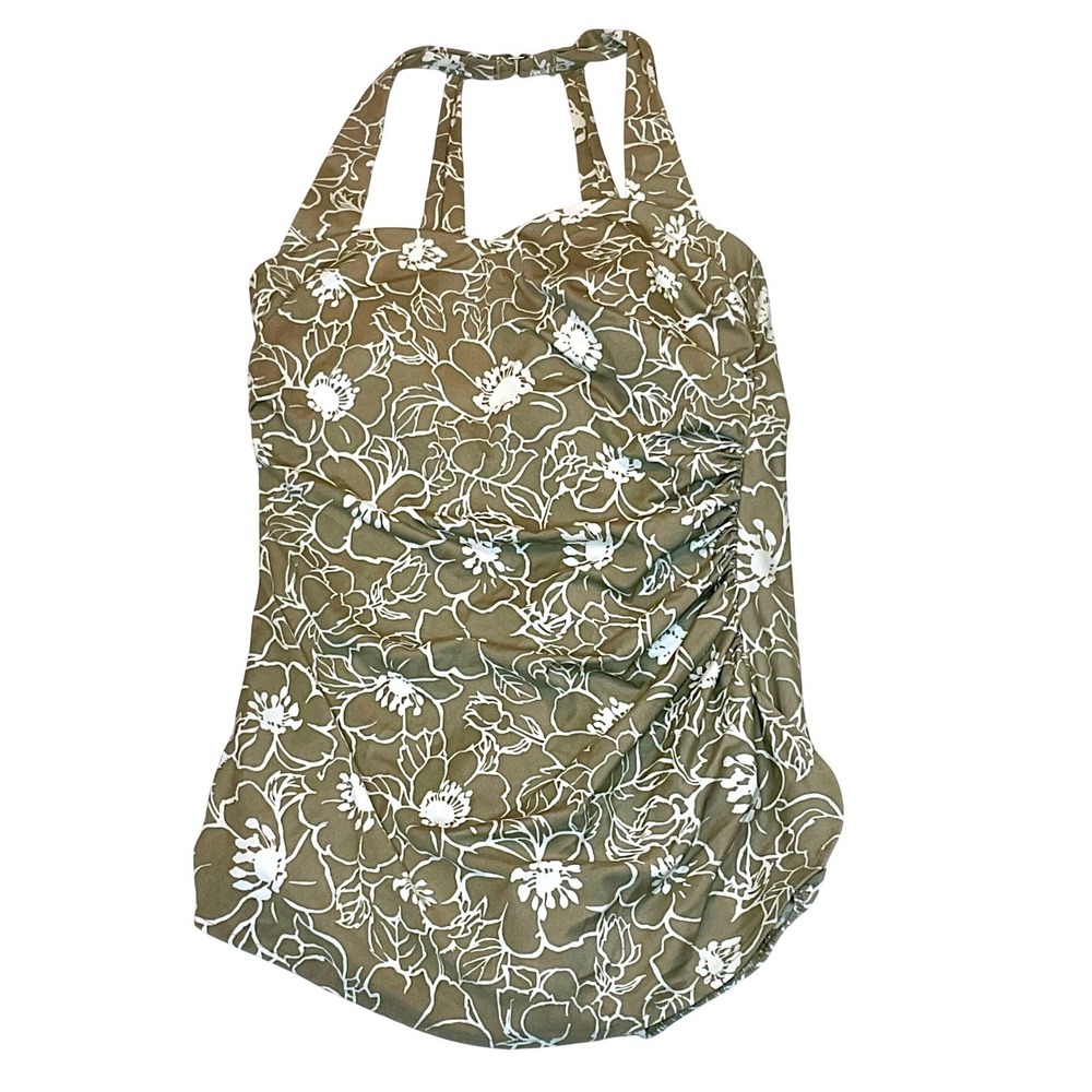 MIRACLESUIT women's retro 1 pc swimsuit tummy control‎ tan floral print 16 NWOT
